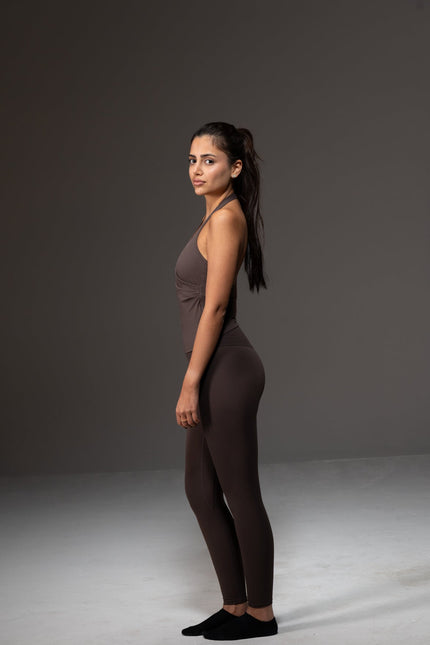 Soft Active Cross Halter Neck Top in Light Coffee