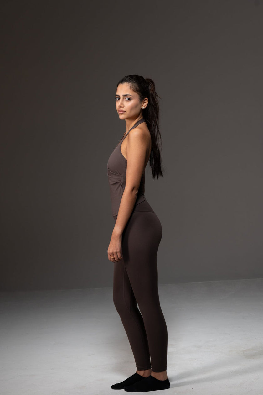 Soft Active Cross Halter Neck Top in Light Coffee