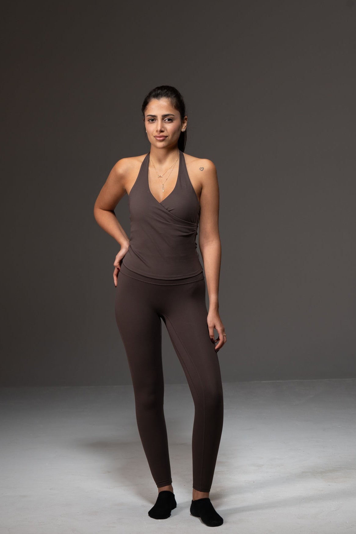 Soft Active Cross Halter Neck Top in Light Coffee